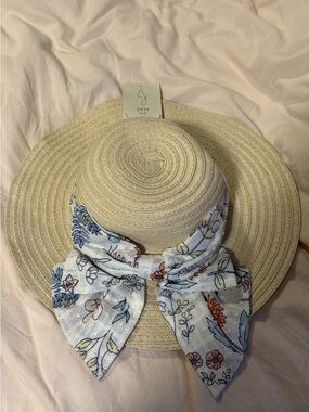 Kids Joie Life Straw Sun Hat with Floral Scarf Bow - Cream & Blue